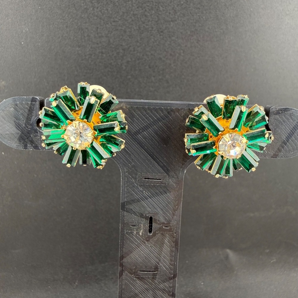 Vintage‎ Estate Clip On Earrings Gold Green Rhinestone Sunburst Huggie